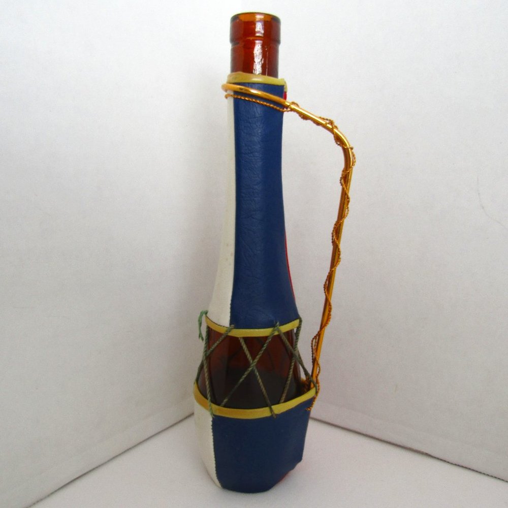 Vtg Uniquely Hand-Wrapped / Decorated in Leather Glass Bottle, Jug Copper Handle